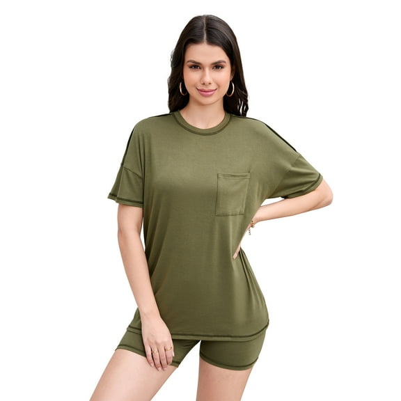 Women Casual Loose Two Piece Loungewear Set With Pockets T-shirt And Shorts Pajamas Set