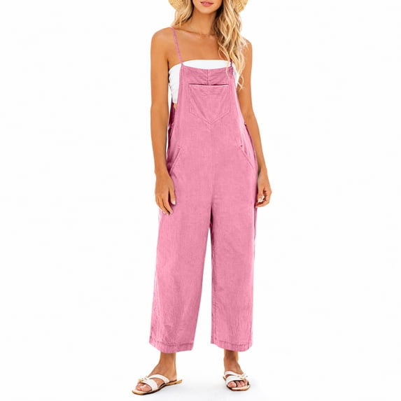 Women Casual Loose Wide Leg Jumpsuit Sleeveless Spaghetti Strap Romper with Pockets