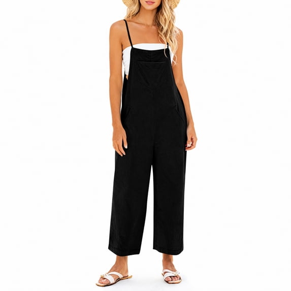 Women Casual Loose Wide Leg Jumpsuit Sleeveless Spaghetti Strap Romper with Pockets