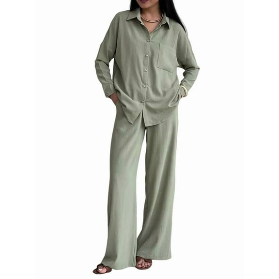 Women Casual Lounge Sets Long Sleeve Button Down Shirts and Wide Leg Pants Sets Tracksuit Green XXL