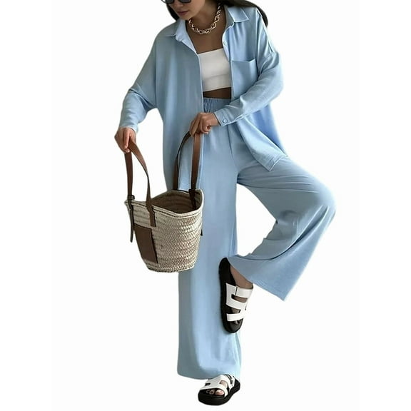 Women Casual Lounge Sets Long Sleeve Button Down Shirts and Wide Leg Pants Sets Tracksuit Light Blue L