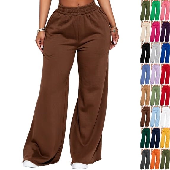 Women Casual Lounge Sweat Pants High Waist Elastic Waistband Loose Fit Pants Straight Leg Full Length Streetwear Bottoms Coffee M