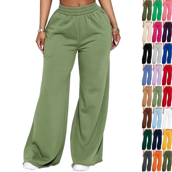 Women Casual Lounge Sweat Pants High Waist Elastic Waistband Loose Fit Pants Straight Leg Full Length Streetwear Bottoms Light Green M