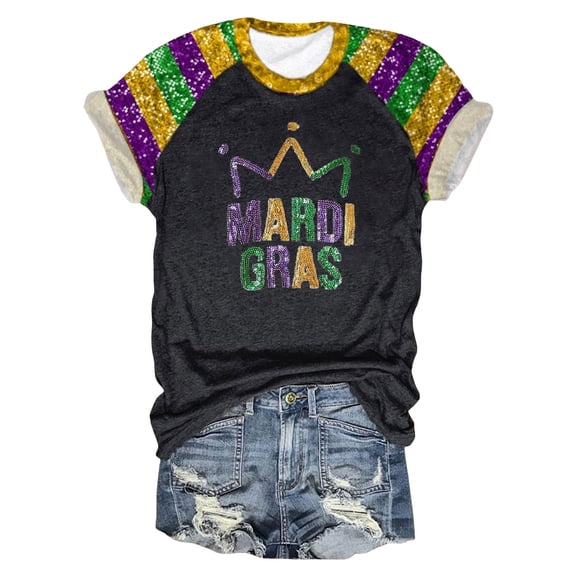 Women Casual Mardi Gras Tops Round Neck Short Sleeve Colored Carnival Letter Printed T Shirt Loose Womens Graphic Tee A-Black XL