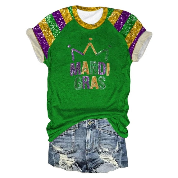 Women Casual Mardi Gras Tops Round Neck Short Sleeve Colored Carnival Letter Printed T Shirt Loose Womens Graphic Tee A-Green S