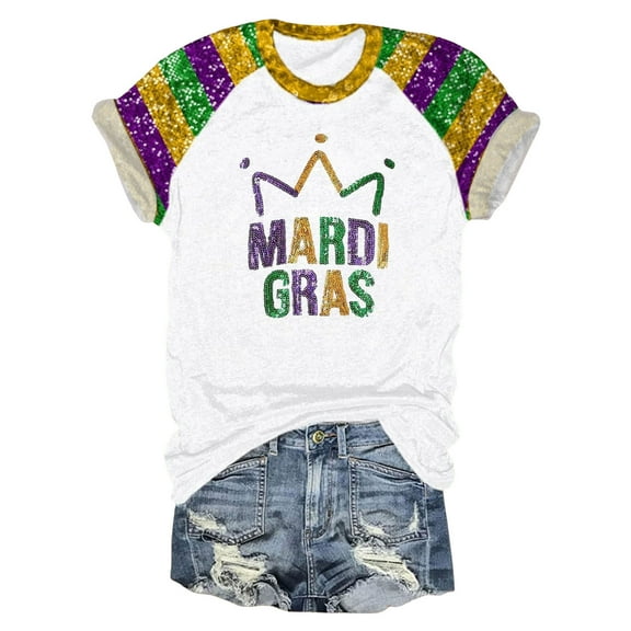 Women Casual Mardi Gras Tops Round Neck Short Sleeve Colored Carnival Letter Printed T Shirt Loose Womens Graphic Tee A-White XXL