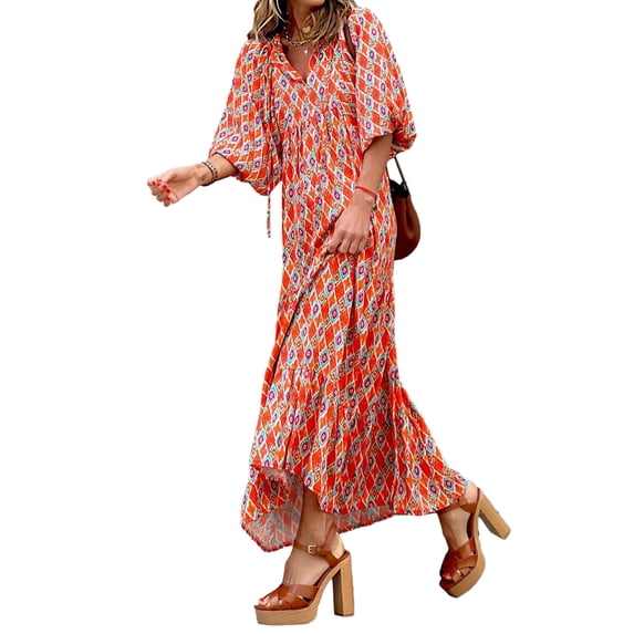 Women Casual Maxi Dress Bohemian Floral V Neck Puff Short Sleeve Beach Tiered Sundress Long Swing Dress