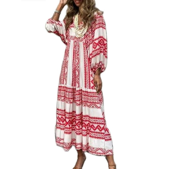 Women Casual Maxi Dress Bohemian Floral V Neck Puff Short Sleeve Beach Tiered Sundress Long Swing Dress