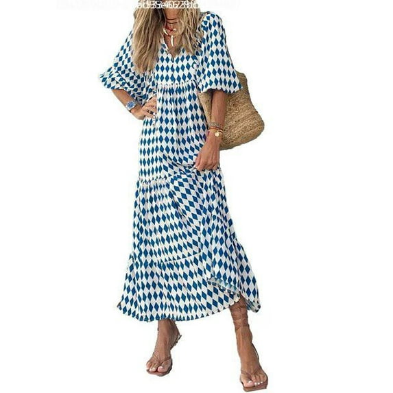 Women Casual Maxi Dress Bohemian Floral V Neck Puff Short Sleeve Beach Tiered Sundress Long Swing Dress