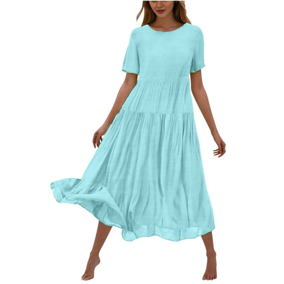 Women Casual Maxi Dresses Pleated Loose Fit Layered Short Sleeve Shirt Dress Plain Loose Flowy Crewneck Babydoll Dress Unique Gifts
