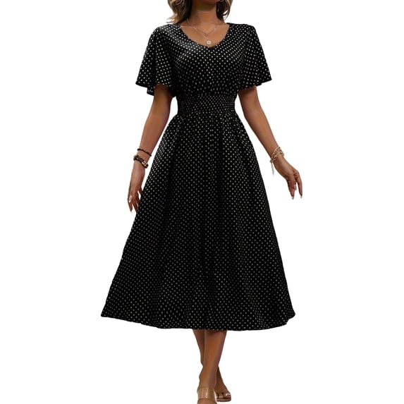 Women Casual Midi Maxi Dresses Polka Dot Print Short Sleeve V Neck Elastic Waist Boho Beach Dress Black XL
