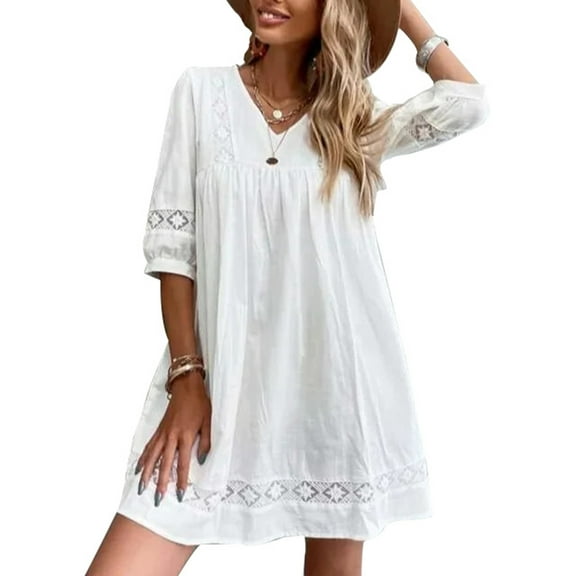 Women Casual Mini Dress Off Shoulder Lace Floral Dresses Puff Sleeve Sweet Dress Summer Short Party Dress Beachwear