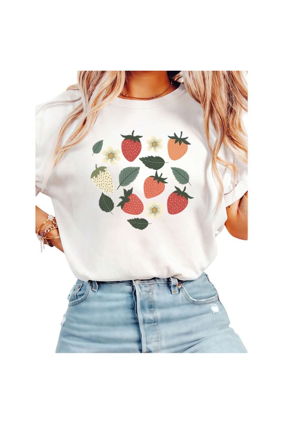 Women Casual Multicolor Strawberry Daisy Graphic Tees Cotton Crew Neck Printed T Shirt Tops White S-5XL