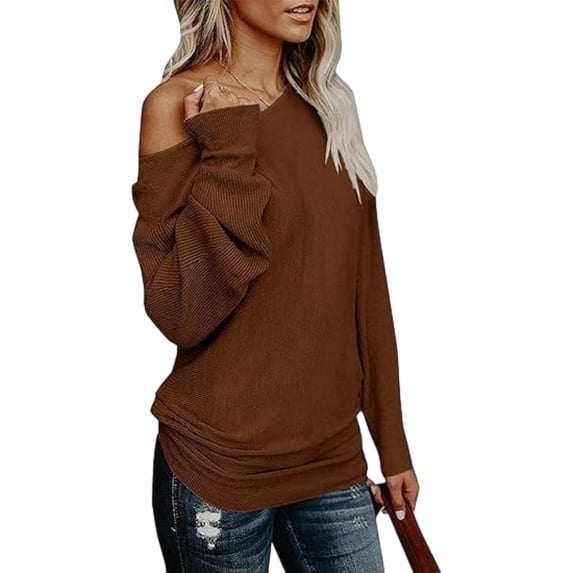 Women Casual Off-Shoulder Knit Long Sleeve Pullover Sweater Top