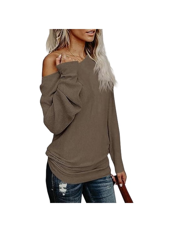 Women Casual Off-Shoulder Knit Long Sleeve Pullover Sweater Top