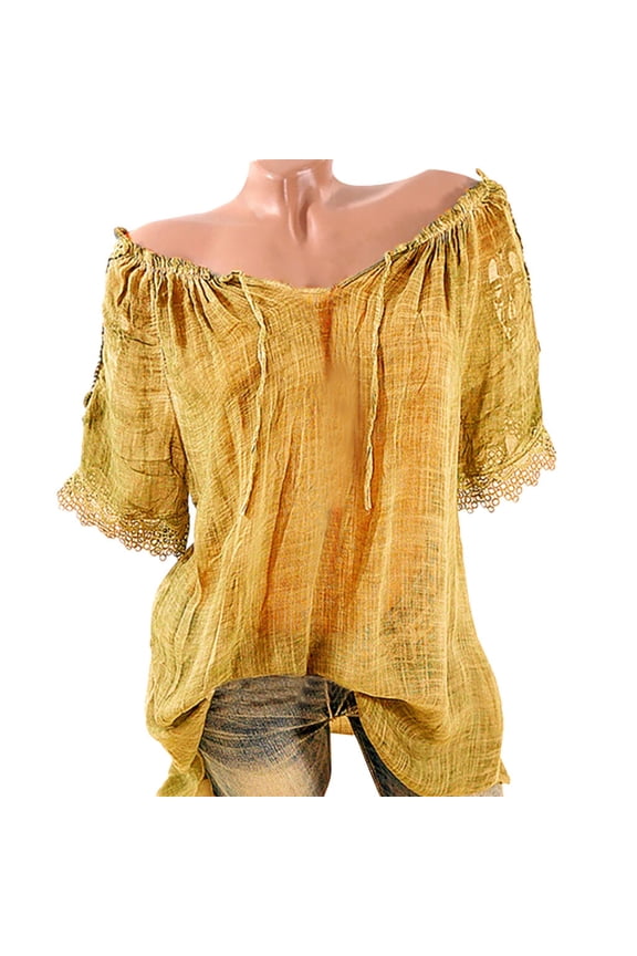 Women Casual Off Shoulder Lace Solid Neckline Tops for Women Blouse Plue Size Comfortable Everyday Shirt