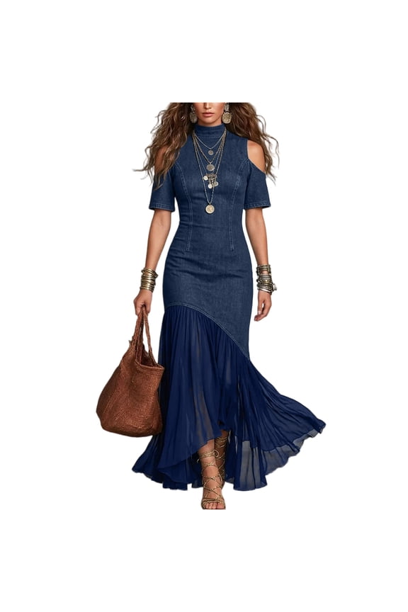 Women Casual Off Shoulder Short Sleeve Dress Mesh Hem Asymmetrical Midi Dress for Daily and Party Wear Dark Blue XL