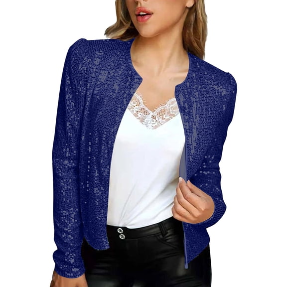 Women Casual Open Front Jackets Cardigan Glitter Long Sleeve Short Coats Crop Blazer