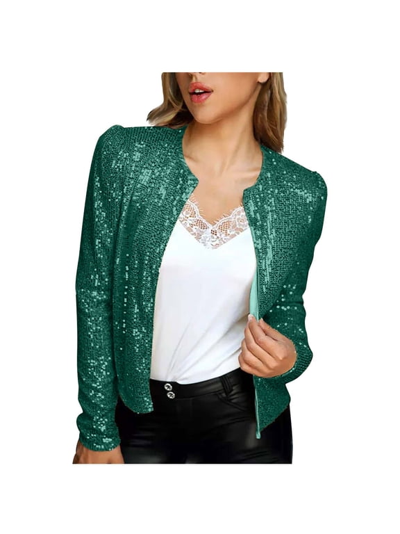 Women Casual Open Front Sequin Jackets Cardigan Glitter Long Sleeve Shrug Blazer Solid Sequins Glitter Crop Jacket Party Clubwear