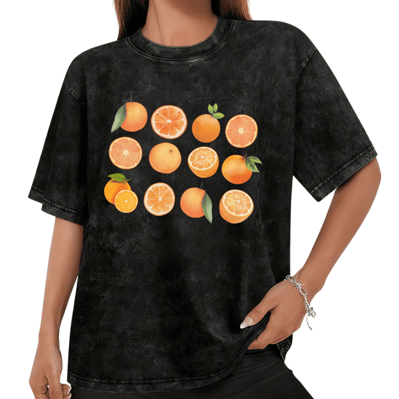 Women Casual Orange Citrus Graphic Tees Cotton Crew Neck Printed T Shirt Tops Mineral Wash Black S-2XL Plus Size