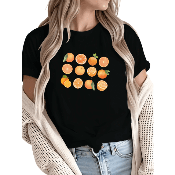 Women Casual Orange Green Citrus Fruit Graphic Tees Cotton Crew Neck Printed T Shirt Tops Black S-5XL