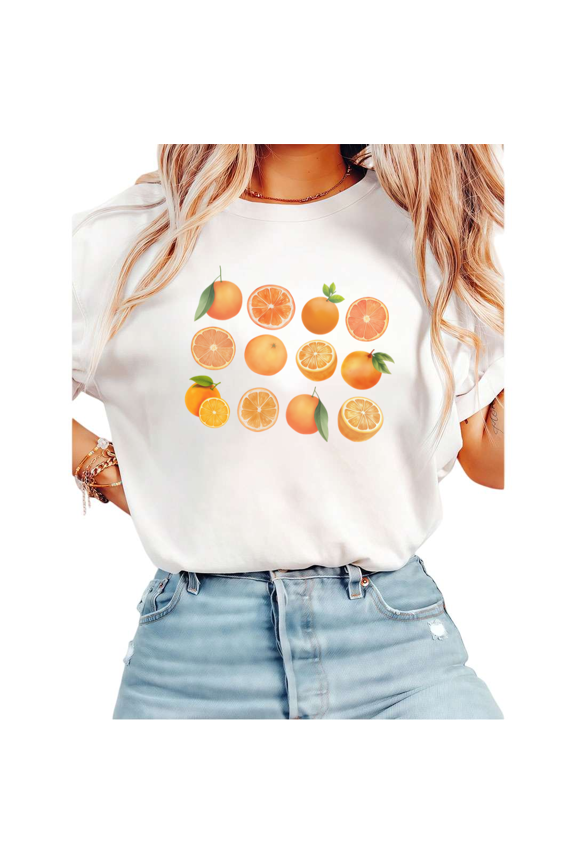 Women Casual Orange Green Citrus Fruit Graphic Tees Cotton Crew Neck Printed T Shirt Tops White S-5XL