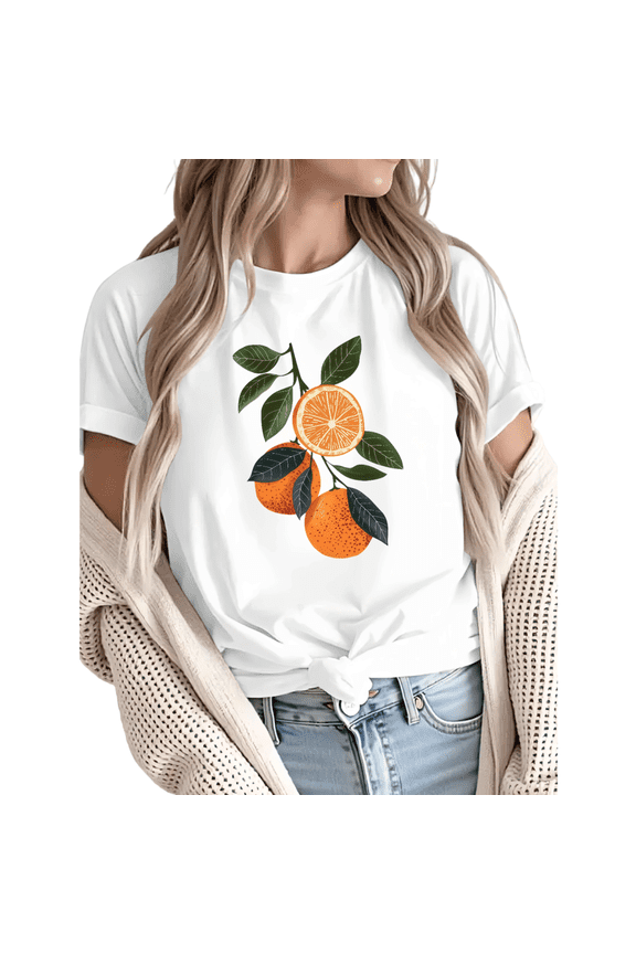 Women Casual Orange Green Citrus Graphic Tees Cotton Crew Neck Printed T Shirt Tops White S-5XL