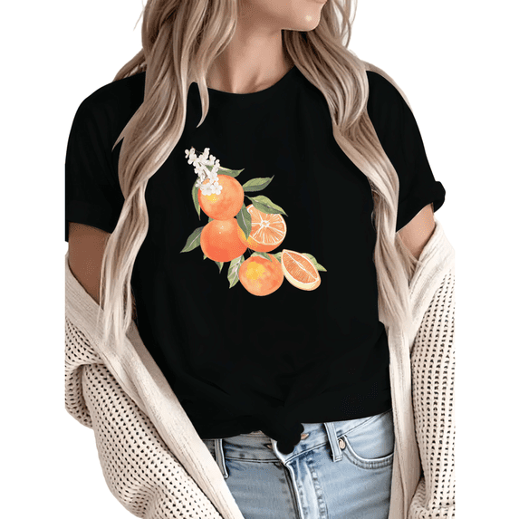 Women Casual Orange White Green Citrus Floral Graphic Tees Cotton Crew Neck Printed T Shirt Tops Black S-5XL