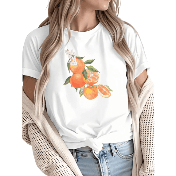 Women Casual Orange White Green Citrus Floral Graphic Tees Cotton Crew Neck Printed T Shirt Tops White S-5XL