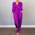 thumbnail image 1 of Women Casual Outfits Women Summer Dressy Satin Outfits Loose Wrap Office Shirts Matching Long Pants Business Vacation Outfits Purple S, 1 of 6