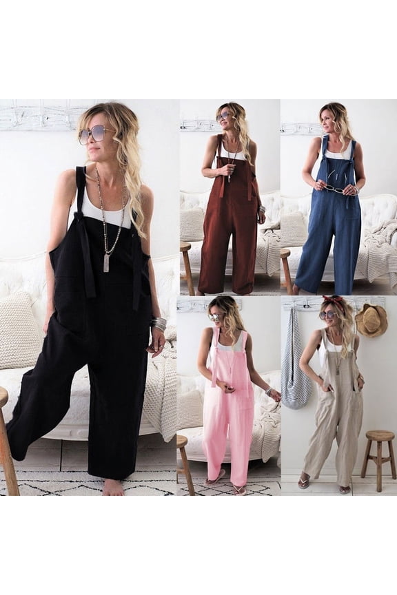 Women Casual Overalls Jumpsuit Bib Trousers Linen Dungarees Wide Leg Pants
