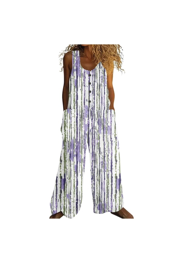 Women Casual Overalls Wide Leg Crew Neck Button Print Bib Pants Vintage Casual Stylish Loose Outfits With Pockets (XXL, Blue)