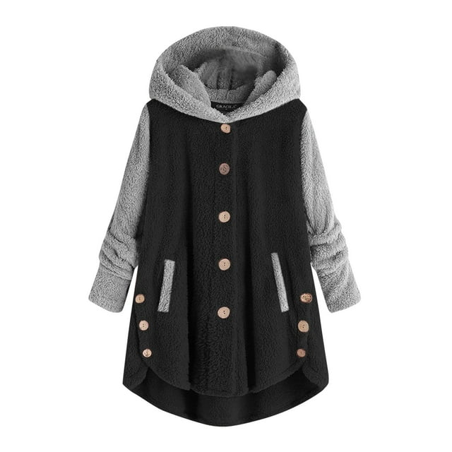Women Casual Oversize Button Patchwork Top Outwear Hooded Pocket Plush Loose Coat Long Coat