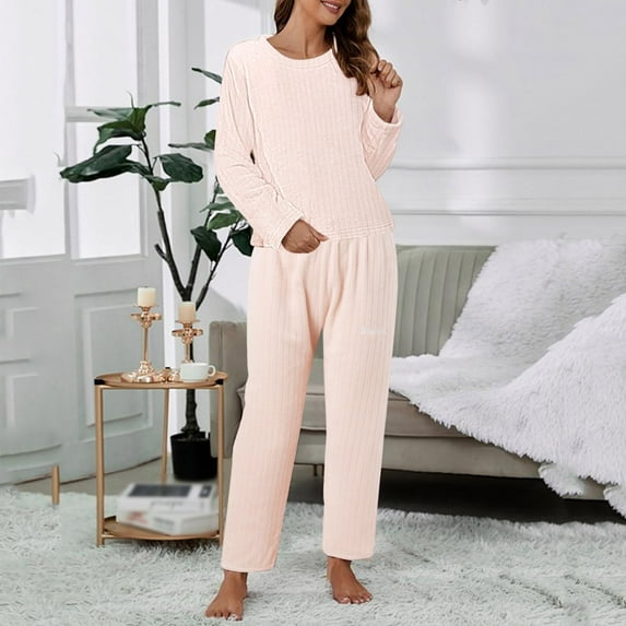 Women Casual Pajamas Sets Coral Long Sleeve Tops And Long Pants Letter Printing Sleepwear Two Piece Set Sleeping Clothes for Women Pajamas Woman Summer Womens Pajamas Cute Womens Pajama Set Two Piece