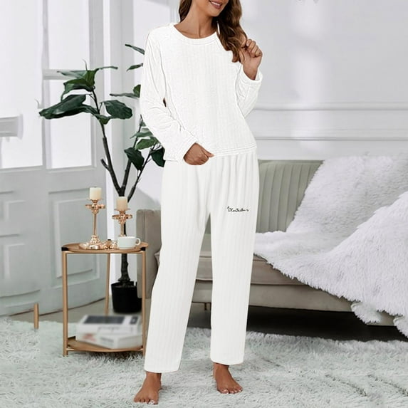Women Casual Pajamas Sets Coral Long Sleeve Tops And Long Pants Letter Printing Sleepwear Two Piece Set Two Piece Long Pants Set for Women Women's Pajama Shorts Women Flannel Pajamas Cow Print Pajamas