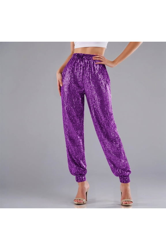 Women Casual Pants Carnival Clothes For Commuting Sequinsed Fashionable Form Fitting High Waisted Casual Pants Mardi Gras Purple XXL