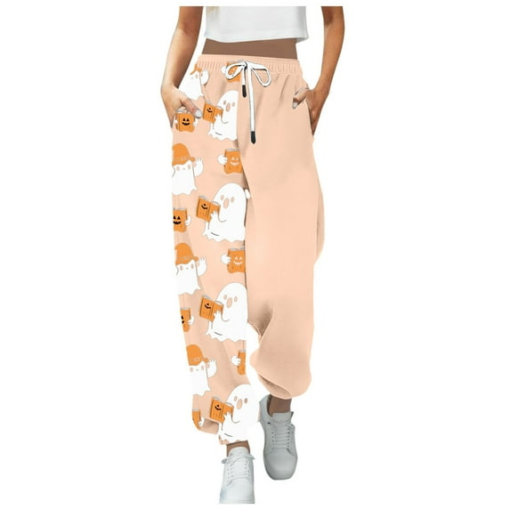 Women Casual Pants Halloween Printed Bandeau Sweatpants Pocket High Waist Pants