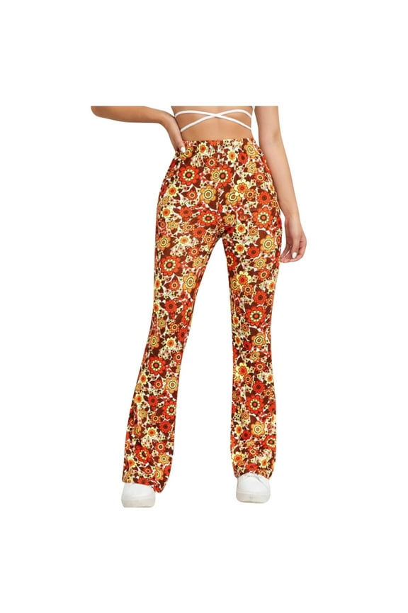 Women Casual Pants High Waisted Floral Print Pants Boho Flare Pants Petite Slimming Fit Trouser Bell Bottom Leggings