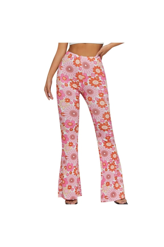 Women Casual Pants High Waisted Floral Print Pants Boho Flare Pants Petite Slimming Fit Trouser Bell Bottom Leggings