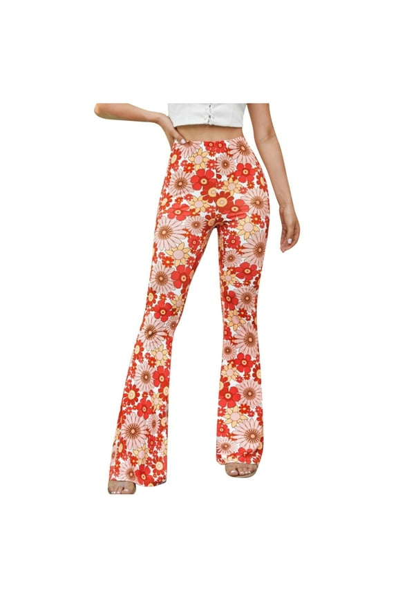 Women Casual Pants High Waisted Floral Print Pants Boho Flare Pants Petite Slimming Fit Trouser Bell Bottom Leggings