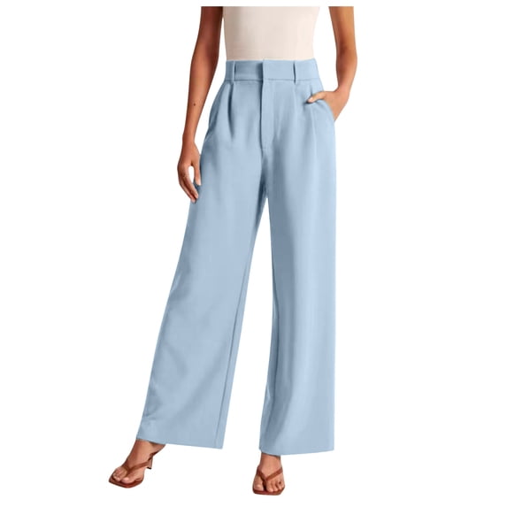 Women Casual Pants High Waisted Wide Leg Straight Fit Solid Color Dress Pants Trousers For Work Business Office,Sky Blue,Xxl