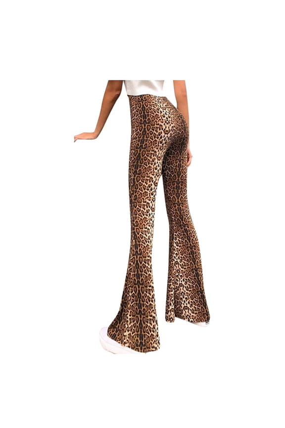Women Casual Pants Leopard Print High Waisted Slim Fit Wide Leg Flare Pants