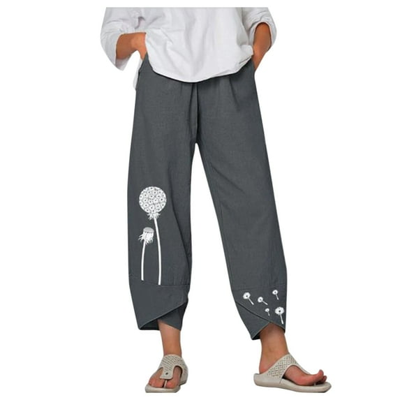 Women Casual Pants Loose Cotton Linen Trousers Floral Embroidered Trousers Elastic Band Cropped Pants Wide Leg Pants