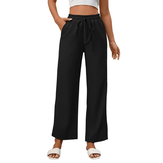 Women Casual Pants Loose Elastic High Waisted Drawstring Wide Leg Pants with Pockets Black L
