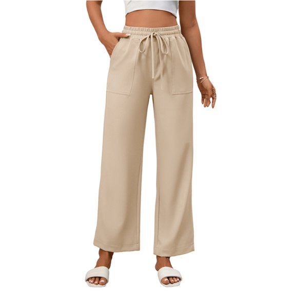 Women Casual Pants Loose Elastic High Waisted Drawstring Wide Leg Pants with Pockets XL