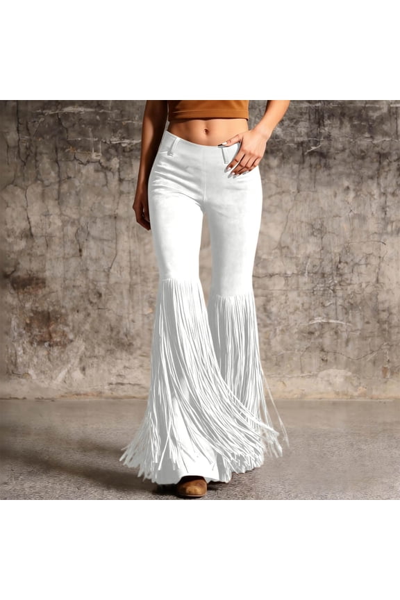 Women Casual Pants Retro Western Fringe Pants For High Waist Flared Trousers Casual Boho Bottoms White 2XL