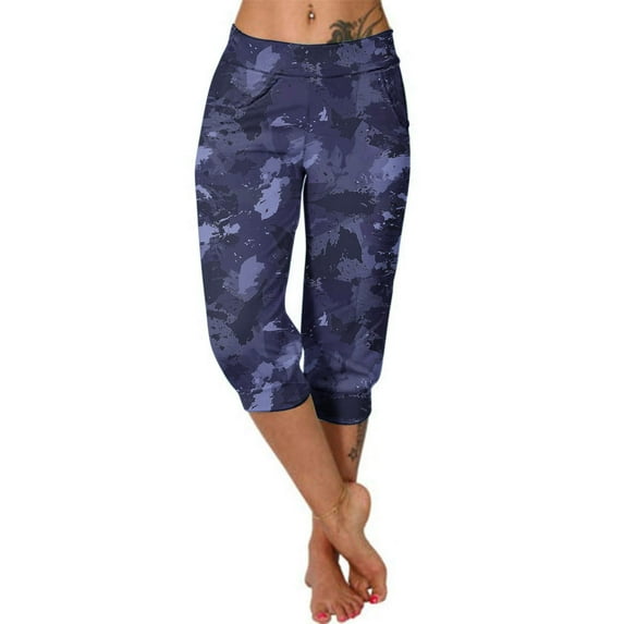 Women Casual Pants Summer Loose Elastic Waist Print Capri Trousers with Pocket Joggers Fashion Baggy Outdoor Sweatpants, Purple, XXXL