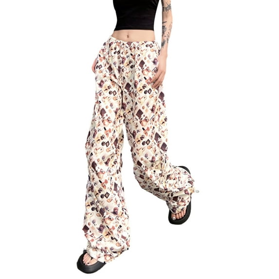 Women Casual Pants Vintage Dog Print Straight Leg Loose Fit Trousers Wide Leg Lounge Pants