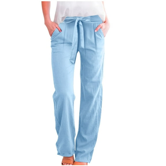 Women Casual Pants Womens Cargo Pants Daily Elastic Strap Waist Workout Solid Long Pants Casual Wide Leg Pants Blue L