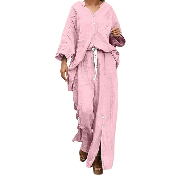 Women's Trousers Suit Long Sleeve Shirt And Pants Set Casual Outfit Spring Summer Solid Color Wear